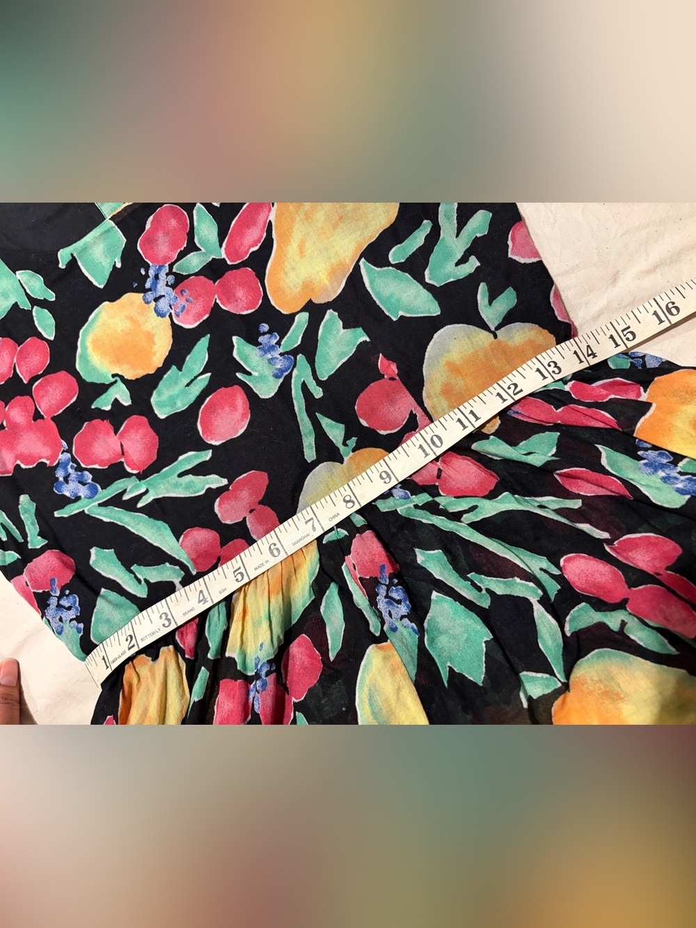 Vintage 90s Esprit Black Midi Dress with Multicolor Fruit and Floral Print - Picture 5 of 6